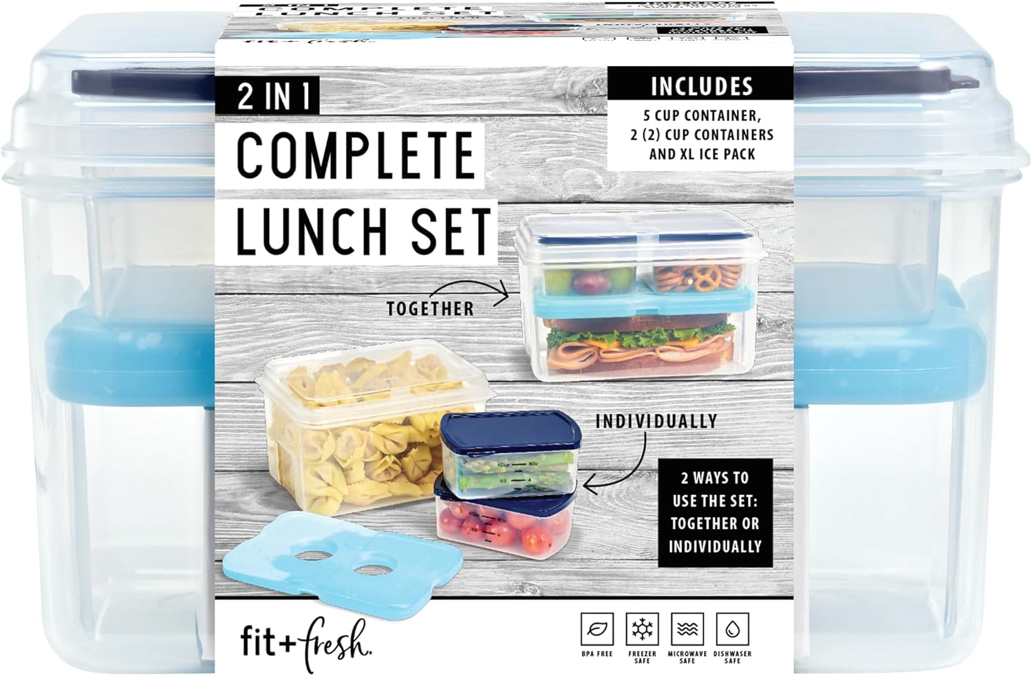 Fit & Fresh Plastic Lunch Container Bento Box For Adults and Kids, Divided Reusable Lunch Container With 3 Compartments For Work, School, Travel, 3 Piece Entree Set With Ice Pack