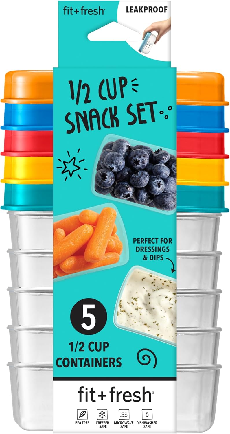 Fit + Fresh 1/2-Cup Snack Set, Condiment & Salad Dressing Containers, Reusable & Leakproof Lunch Containers, Perfect for Insulated Lunch Bag, Lunch Box & More, 5PK, Multicolor