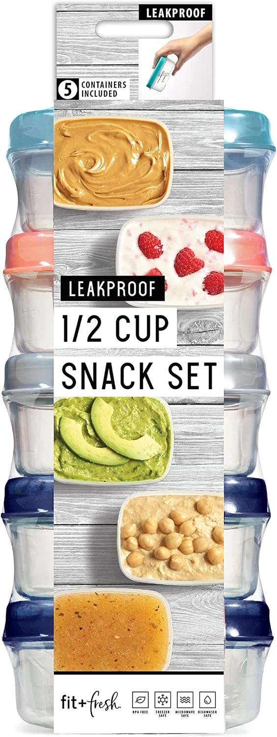 Fit & Fresh Cup Snack Set, Set of 5 Reusable Portion Control Containers, BPA-Free, Microwave/Dishwasher Safe, Multicolored Lids, 9.5" x 4.25" x 3.5", Green