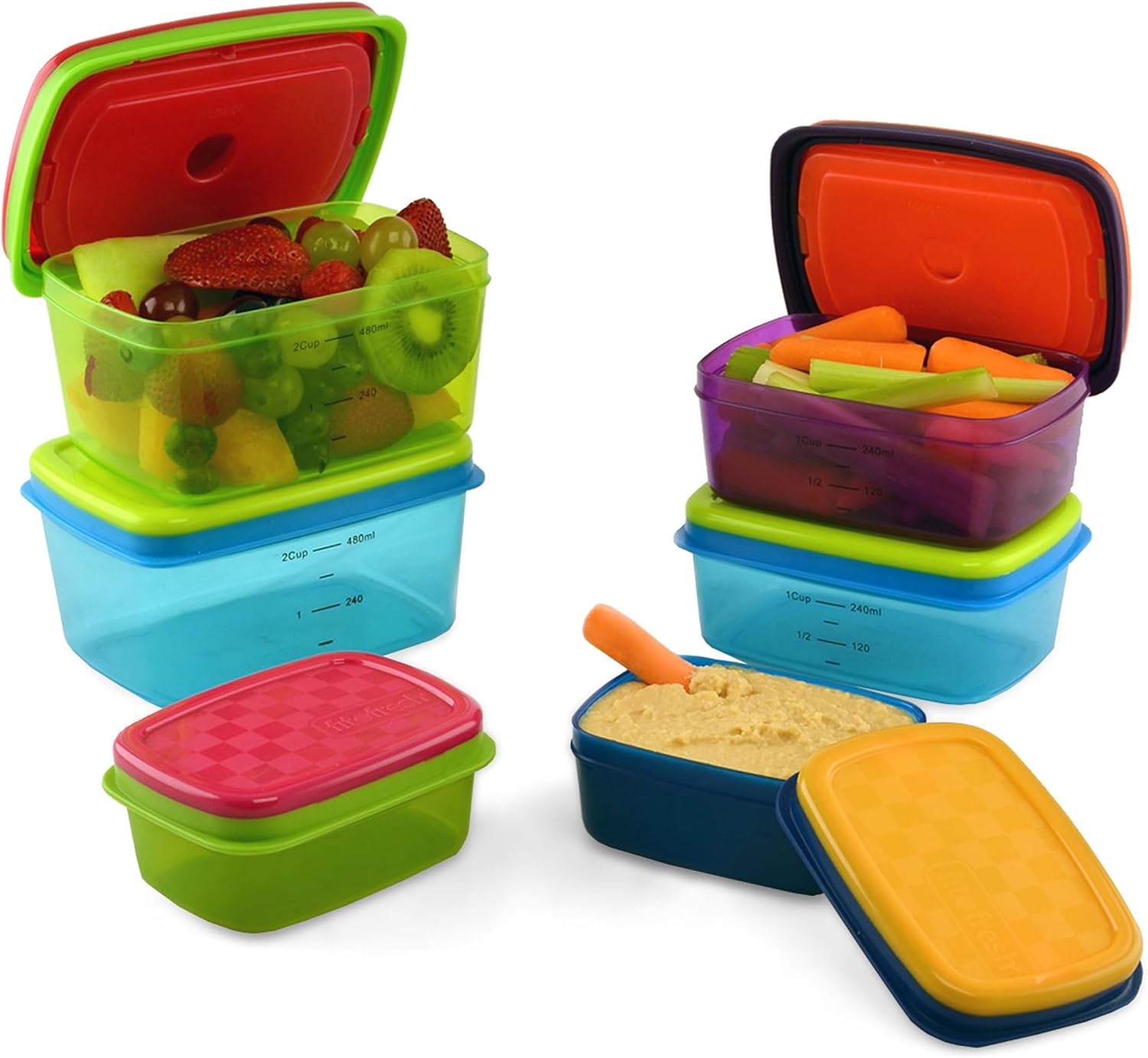 Fit & Fresh Kids' Healthy Lunch Set, 14-Piece Value Reusable Container Set with Removable Ice Packs, Leak-Proof, BPA-Free, Portion Control, Multicolor