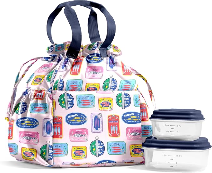 Fit & Fresh Cromwell Cinch Insulated Lunch Bag for Women w/ Containers Assorted Sardine Cans